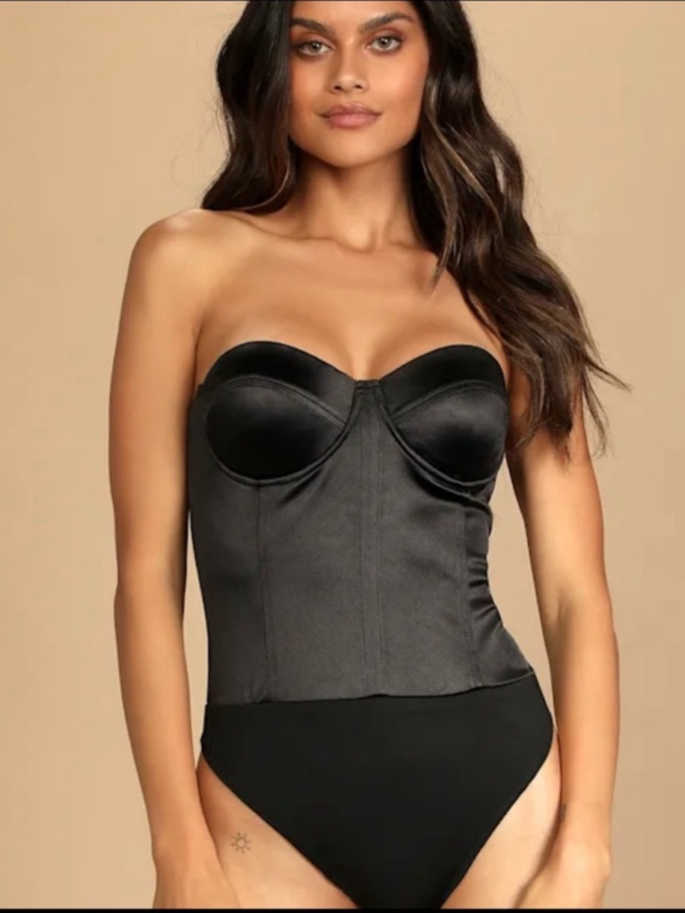 NWT Lulus Endless Allure Black Satin Strapless Bustier Bodysuit